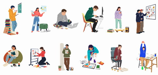 Modern Youth: Diverse Young Adults Engaged in Learning, Creative Work, and Digital Tasks, Reflecting Contemporary Student and Professional Lifestyles.