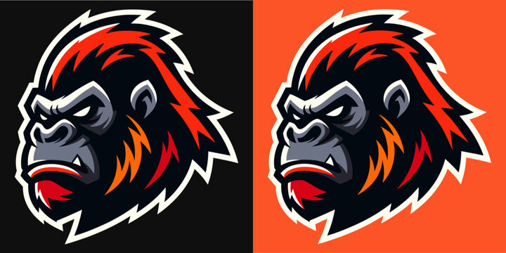 A stylized illustration of a gorilla head in two contrasting color schemes