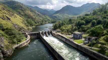 Concrete Hydroelectric Dam Infrastructure Surrounded by Lush Green Mountain Valley