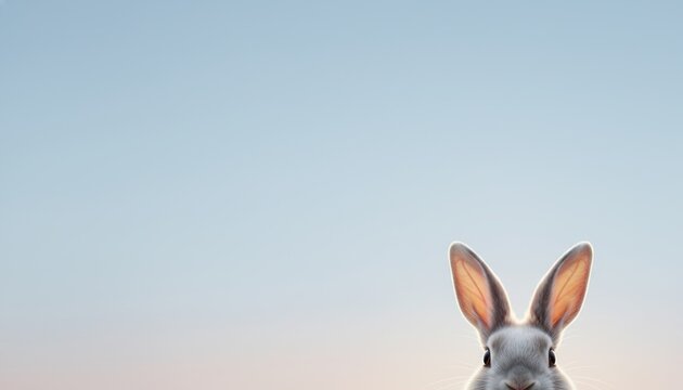 bunny, rabbit, easter, ears, peeking, minimalist, copy space, adorable white bunny peeking into the frame against a soft blue sky background, perfect for spring holiday celebration.