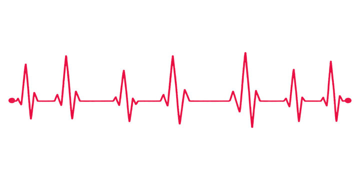 A red heart beat cardiogram on an ECG monitor displays a healthy medical pulse rate through a stylized heartbeat frequency line graph for cardiology and healthcare technology