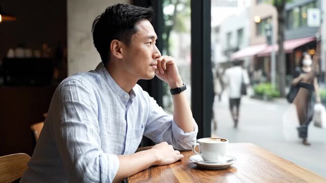 Young Asian man in light blue shirt sitting at cafe table with coffee looking out window