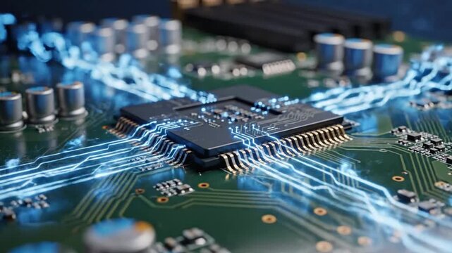 Understanding computer chips and circuits on a motherboard with glowing elements in daylight