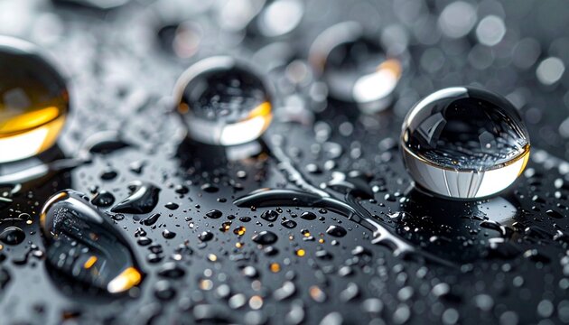 Macro photography of water droplets on a dark, reflective surface, highlighting surface tension and light refraction
