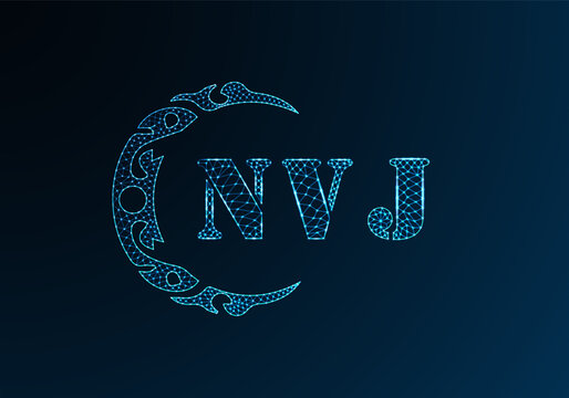 Low poly letter logo NVJ design. NVJ letter logo low poly vector design on blue color gradient background. NVJ logo low poly design