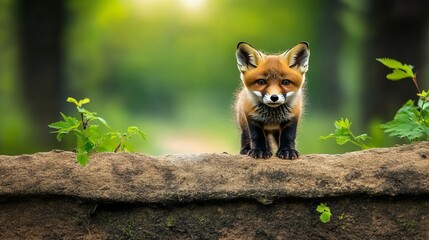 Fototapeta premium Playful Baby Red Fox Exploring Its Woodland Habitat, Curiously Investigating the Surroundings