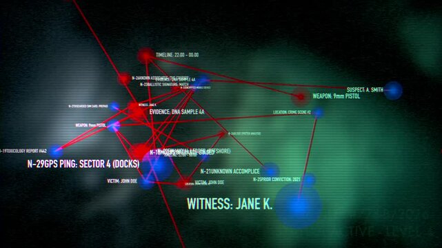 complex digital investigation map featuring red connection links between evidence points and suspect data. Perfect for true crime documentaries and police procedural themes.