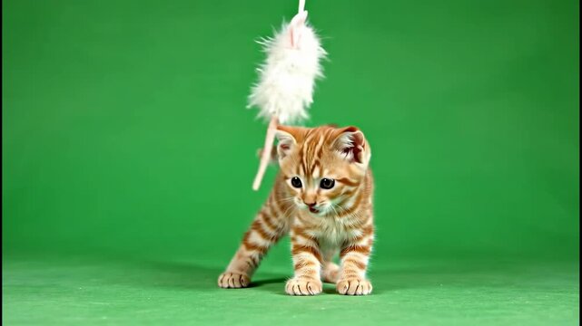 Playful Orange Tabby Kitten Chasing a Toy Mouse on Green Screen.