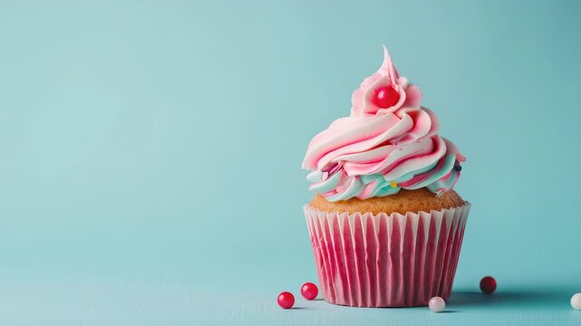 Pink and blue swirled icing tops a cupcake, finished with sprinkles and a cherry