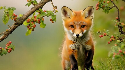 Fototapeta premium Curious Baby Fox Exploring the Vibrant Forest Filled with Colorful Spring Berries and Flowers