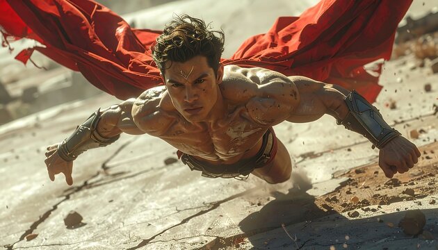 A muscular male, mid-flight, is seen with a flowing red cloak. Dust and debris surrounds him. His arms are outstretched, & his gaze is fierce