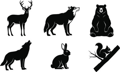 Wild Forest Animal Silhouette Set Featuring Majestic Deer Wolf Howling Grizzly Bear Sitting Jackrabbit Squirrel On Branch And Nature Wildlife Icons © Boby