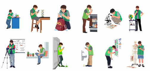 Student Engaged with Smartphone in Diverse Academic and Science Lab Settings