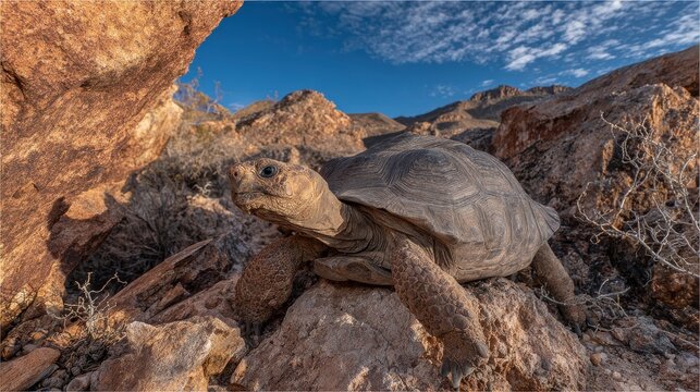 Ancient Tortoise Navigating Rocky Desert Terrain Under a Clear Blue Sky