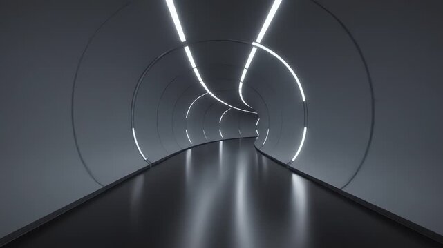 A sleek, modern tunnel with curved walls and a reflective floor. Bright linear lights illuminate the passageway, creating a sense of depth and futurism