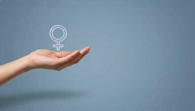 female symbol, woman day, empowerment, feminism, gender equality, womanhood, female rights icon over hand for International Women's Day, healthcare and social advocacy.