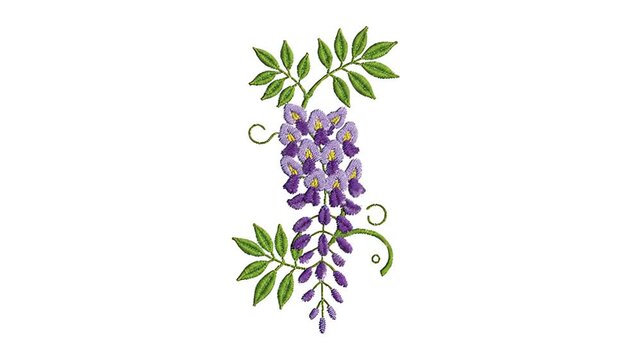 An embroidered illustration shows a wisteria-like flower in shades of purple with green leaves against a plain white background