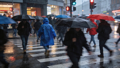 Pedestrians Cross a City Street During a Downpour with Umbrellas Open