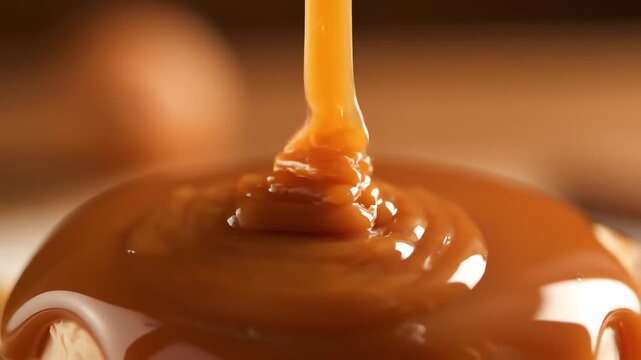 Close-up of rich, flowing, warm, and inviting caramel. The caramel cascades from above, pooling on a surface with a glossy sheen. The smooth, viscous texture is evident