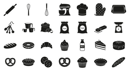 Baking Essentials and Treats Icons Set on White Background from Direct Viewpoint