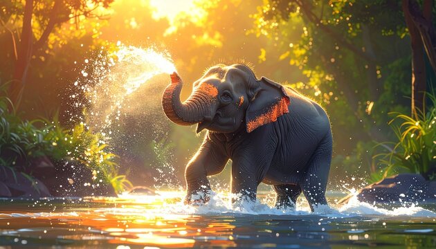 A large wild elephant and a rhinoceros stand isolated in the nature of India during a safari at night as the big wildlife mammals walk through the dark