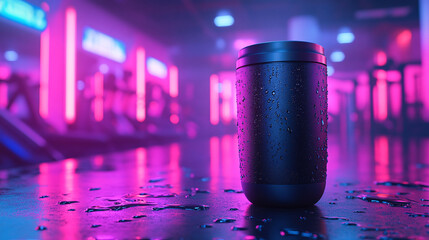 Shaker bottle standing on a gym floor under vibrant neon light. Fitness hydration and supplement concept.