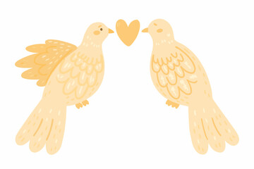 Fototapeta premium Two yellow doves face each other with a heart between their beaks