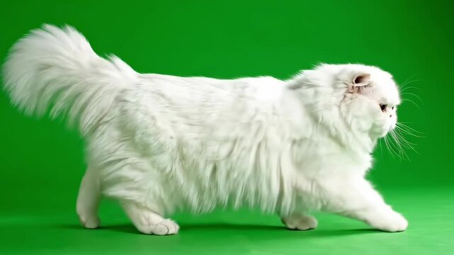 Fluffy White Persian Cat Walking on Green Screen Background.