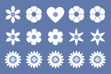 Collection of stylized white floral shapes against a blue background