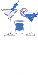 Minimal blue line illustration of cocktail glasses and shot glass, elegant hand drawn alcoholic drinks set with olives and citrus garnish © sumi