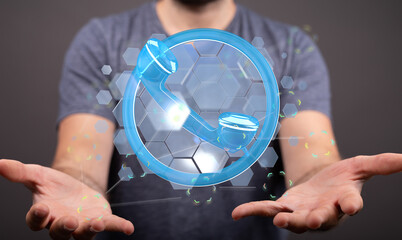 Person holding a futuristic phone symbol, representing support, connection, and telecommunications...