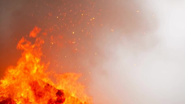 Intense fire with flames and smoke on a dark background.
