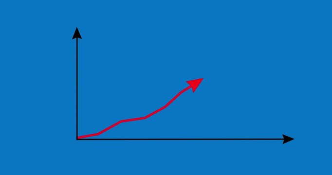 Chart arrow irregular progress still goes up on blue screen. Red graph line rising fast. Business cartoon animation. Economy metaphor.