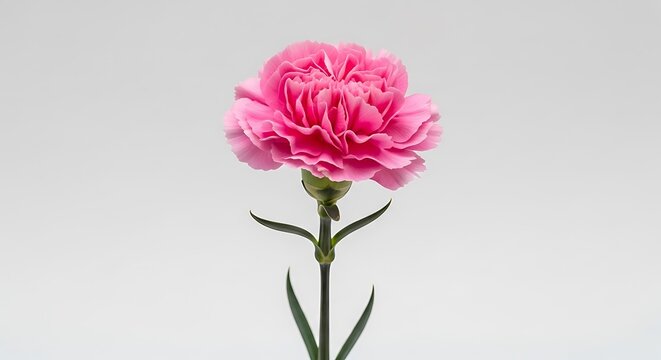 Pink carnation flower with green stem and leaves against white background petals