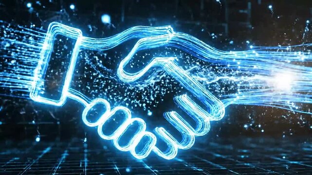 Digital handshake glowing with neon blue light on dark background, symbolizing partnership and technology