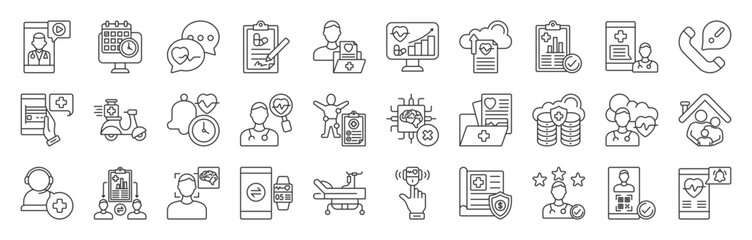 Telemedicine Services icon set collection. video consultation, online appointment, medical chat, e-prescription, patient profile, and more. Illustration eps 10