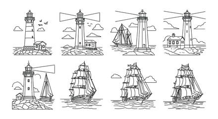 Collection of nautical themed line drawings featuring lighthouses and sailboats © Nayem