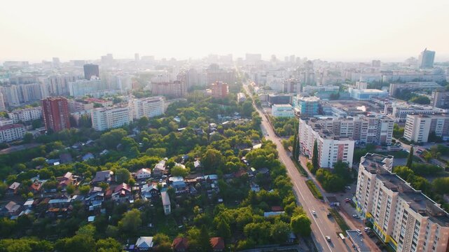 Aerial city view of Ufa Russia with traffic