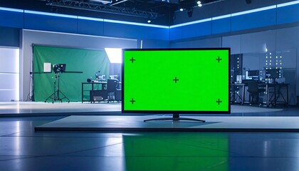 Modern flat‑screen television with bright green chroma key screen, thin bezel, central stand, symbolizing video editing and digital production.
