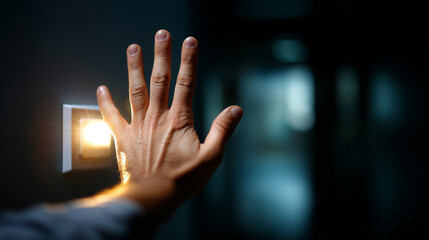 Close-up of faceless hand waving in front of motion sensor light switch, automatic illumination activation, gesture-controlled lighting, energy-saving technology, proximity detecti