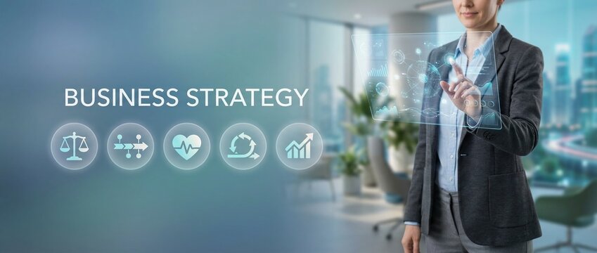 Business strategy, management, innovation, technology, digital transformation, analytics, corporate planning by a businesswoman using a futuristic holographic interface in a modern office.