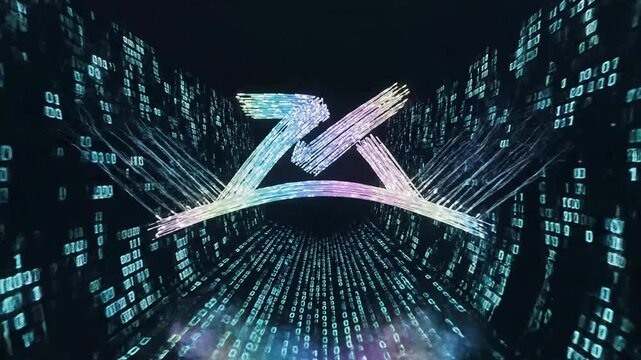 Futuristic digital landscape with neon lights and binary code streaming towards a sleek, metallic logo from a futuristic viewpoint in a digital environment as a video