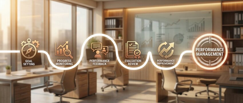 performance management, business process, goal setting, progress monitoring, feedback, evaluation review, performance improvement concept infographic in corporate office setting