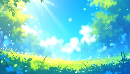 Bright sunlit meadow with soft focus and sparkling light effects