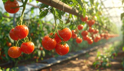 Bunches of ripe red tomatoes hanging from vines in a greenhouse
