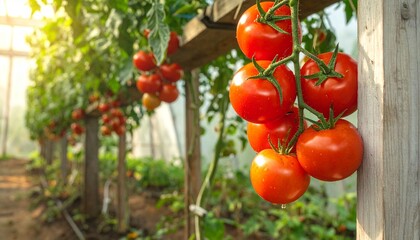 Close-up of ripe red tomatoes on a vine in a sunlit greenhouse