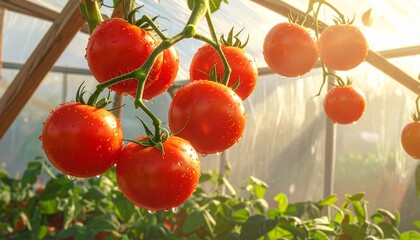 Clusters of ripe red tomatoes with water droplets in a bright greenhouse