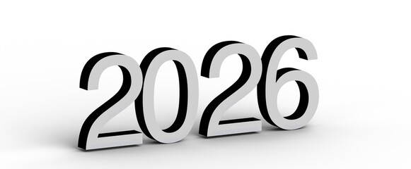 3D render of the year 2026 in bold typography with a shadow. Ideal for New Year greetings, business forecasts, and futur © vegefox.com