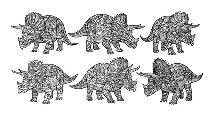 Intricate zentangle dinosaurs a collection of stylized triceratops designs © Nayem