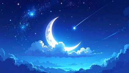 Crescent moon and shooting stars in a vibrant blue night sky with illuminated clouds
